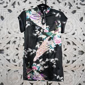 Kim Lai 100% Silk Girls L Black Peacock Floral Cheongsam Qipao Dress
